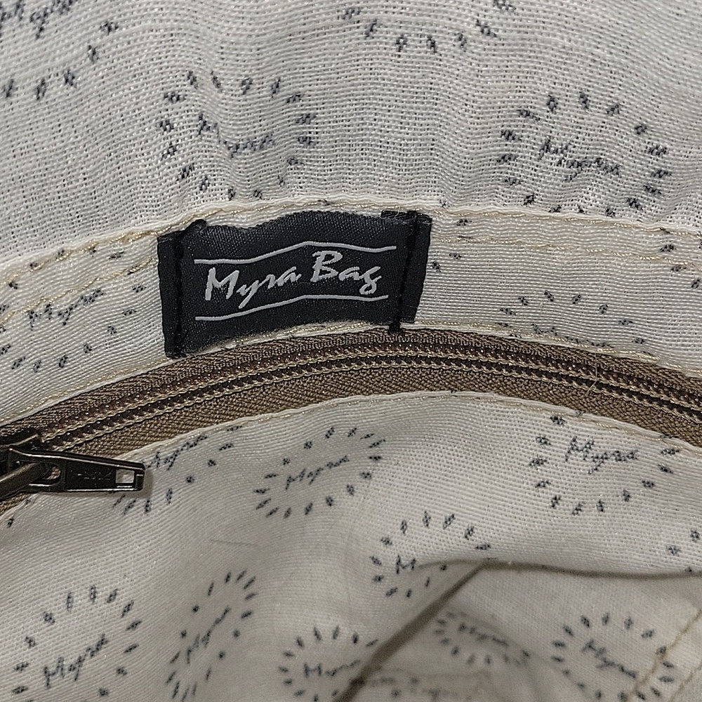 Myra Gray Pattern & Tan Leather Shoulder Bucket Bag Purse - Picture 4 of 9